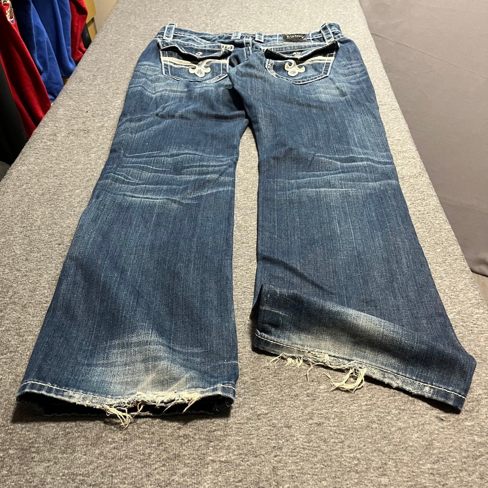 Rock Revival John Straight Leg Jeans Blue Distressed Fleur-De-Lis Mens 36x35
